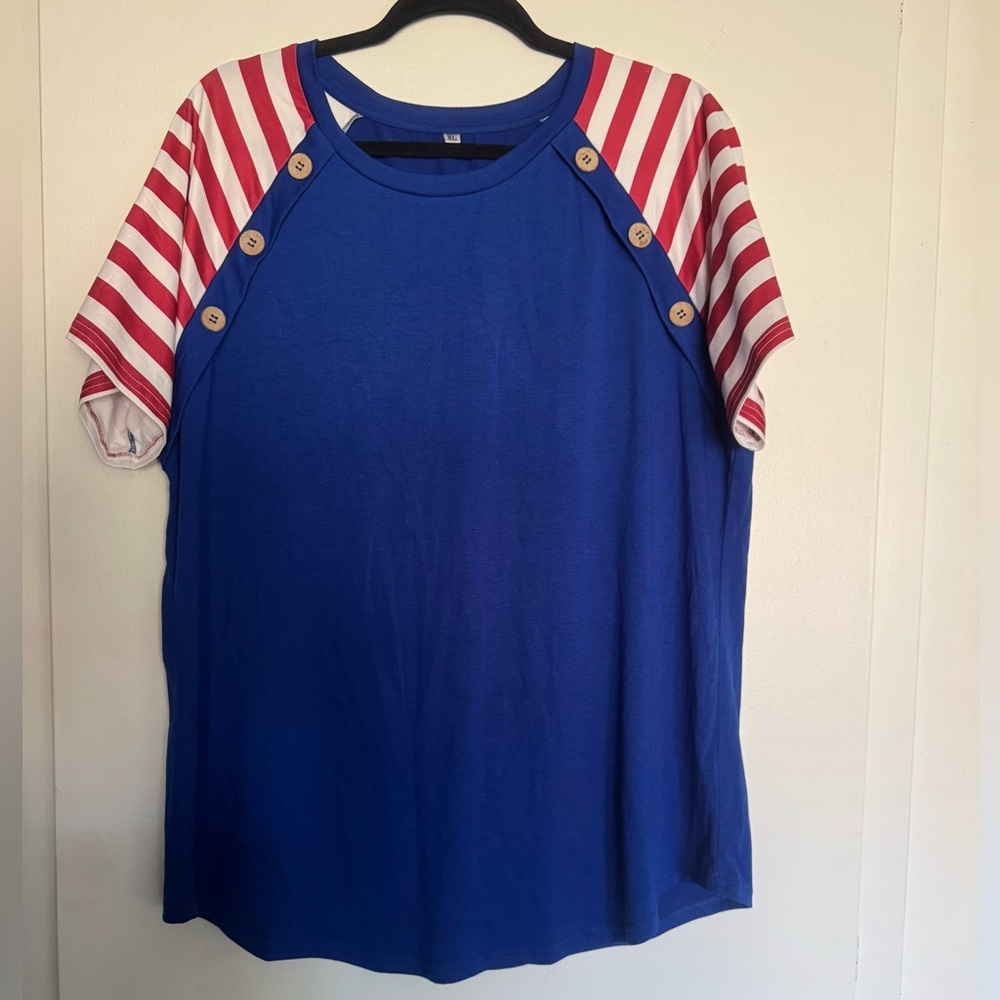 Red White Blue Patriotic Women’s Shirt Stripe Sleeves Colorblock Tunic XL NEW